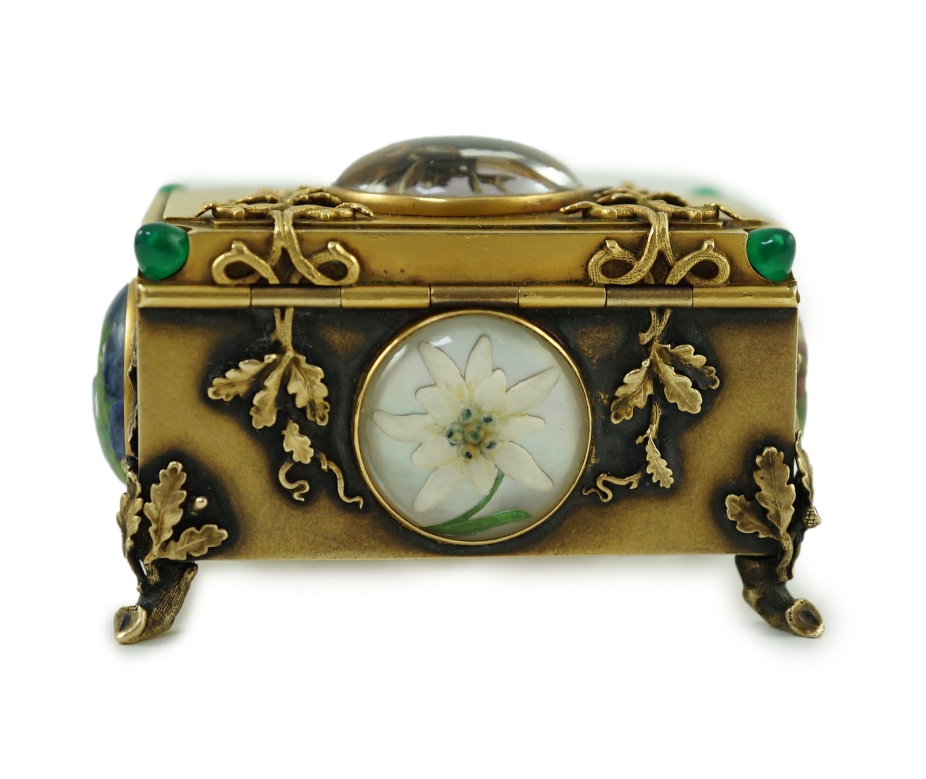A late 19th/early 20th century Viennese gold, chrysoprase and Essex crystal set small trinket casket, by Josef Siess Sohne, (1895-1922)